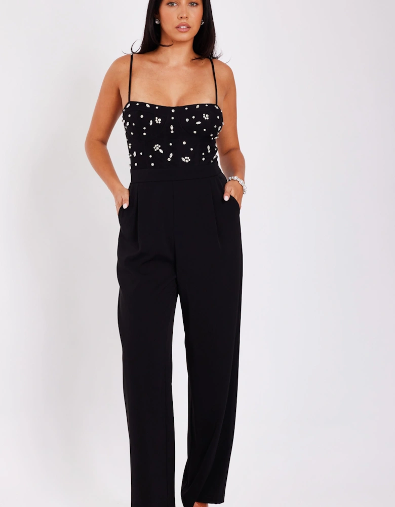 Black Embellished Mesh Bodice Jumpsuit