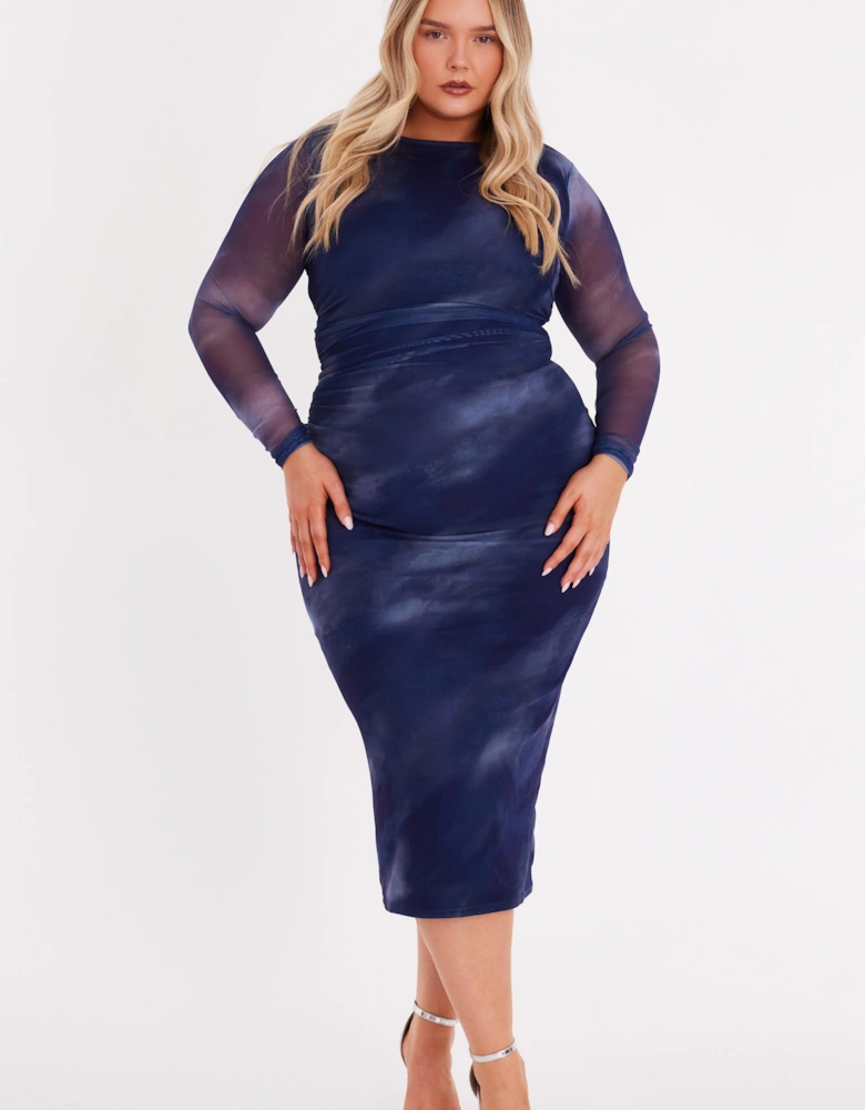 Blue Curve Printed Long Sleeve Midaxi Dress