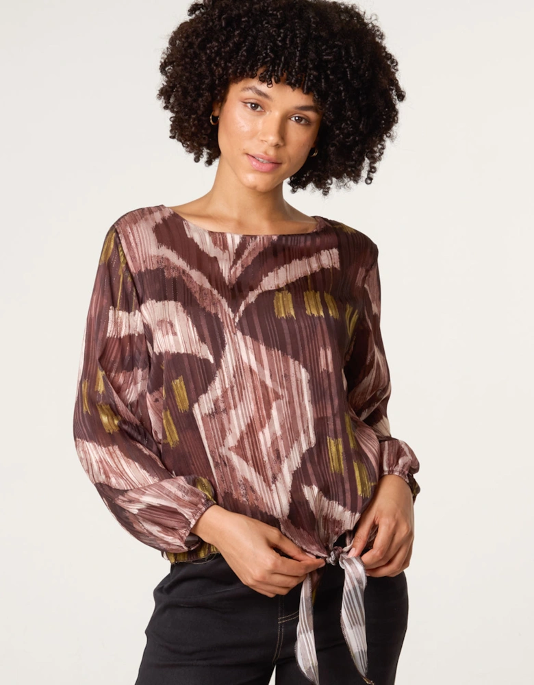 Brown Tie Knot Metallic Chiffon Blouse