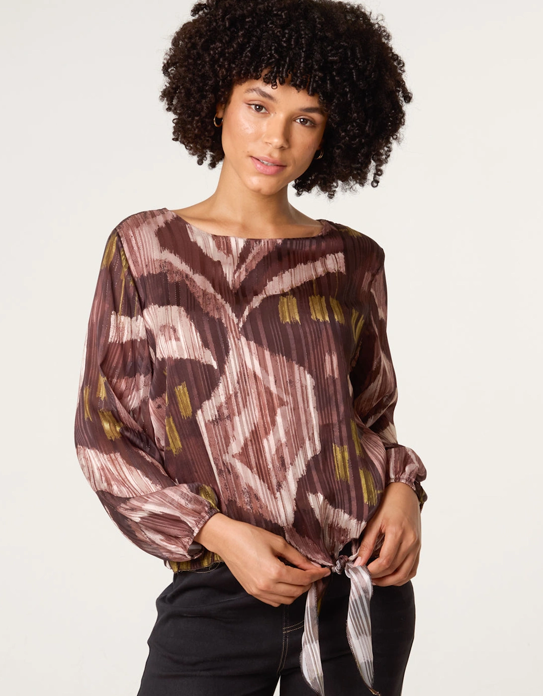 Brown Tie Knot Metallic Chiffon Blouse, 2 of 1
