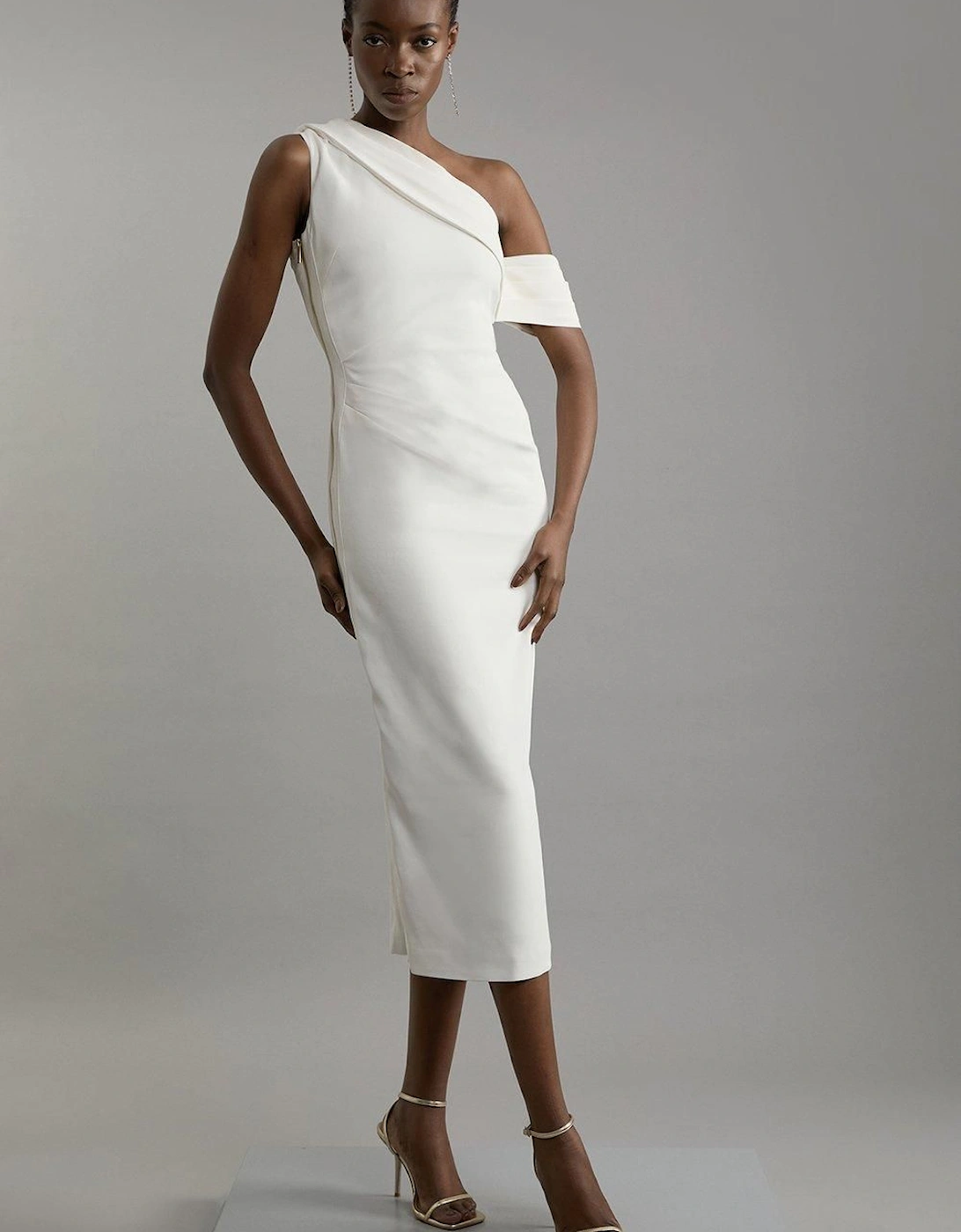 Compact Stretch Viscose Asymmetric Tailored Pencil Midi Dress, 2 of 1