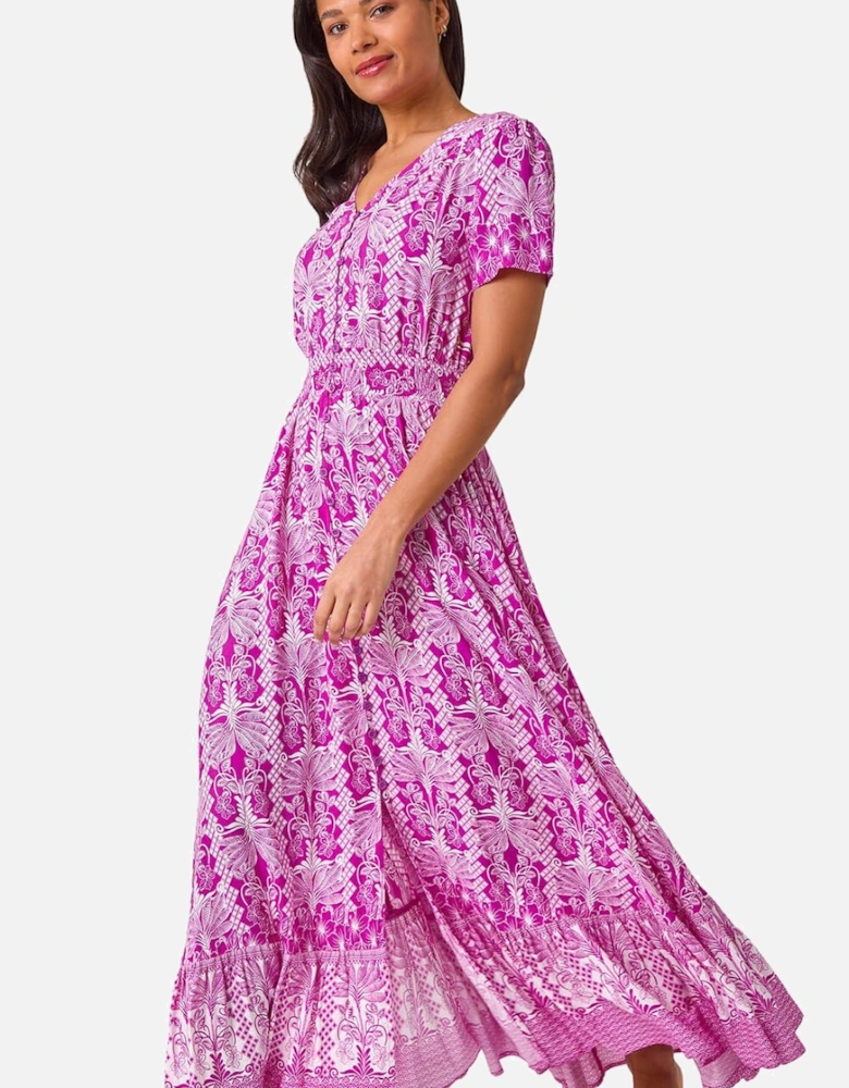 Printed Shirred Waist Maxi Dress