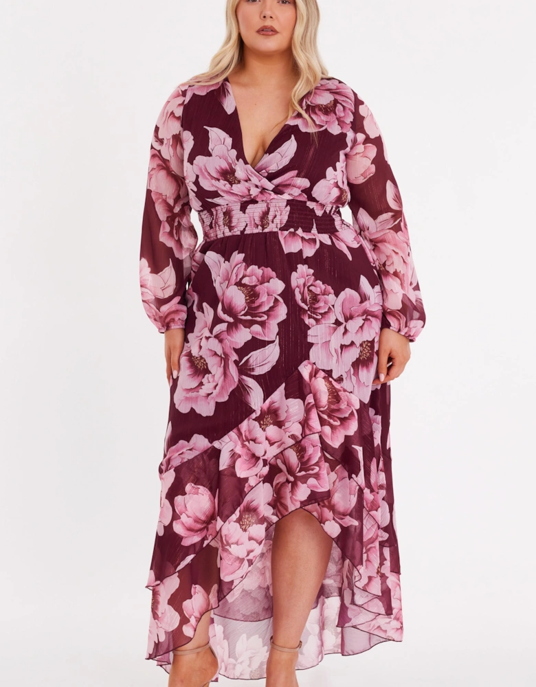 Wine Curve Floral Tiered Midaxi Dress