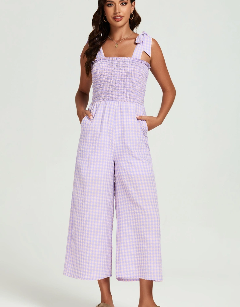 Check Print Tie Detail Jumpsuit In Purple & Pink