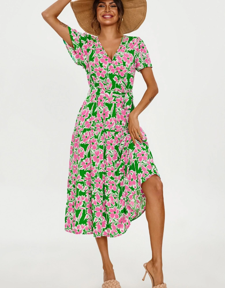 Pink Floral Print Hem Tiered Wrap Midi Dress In Green