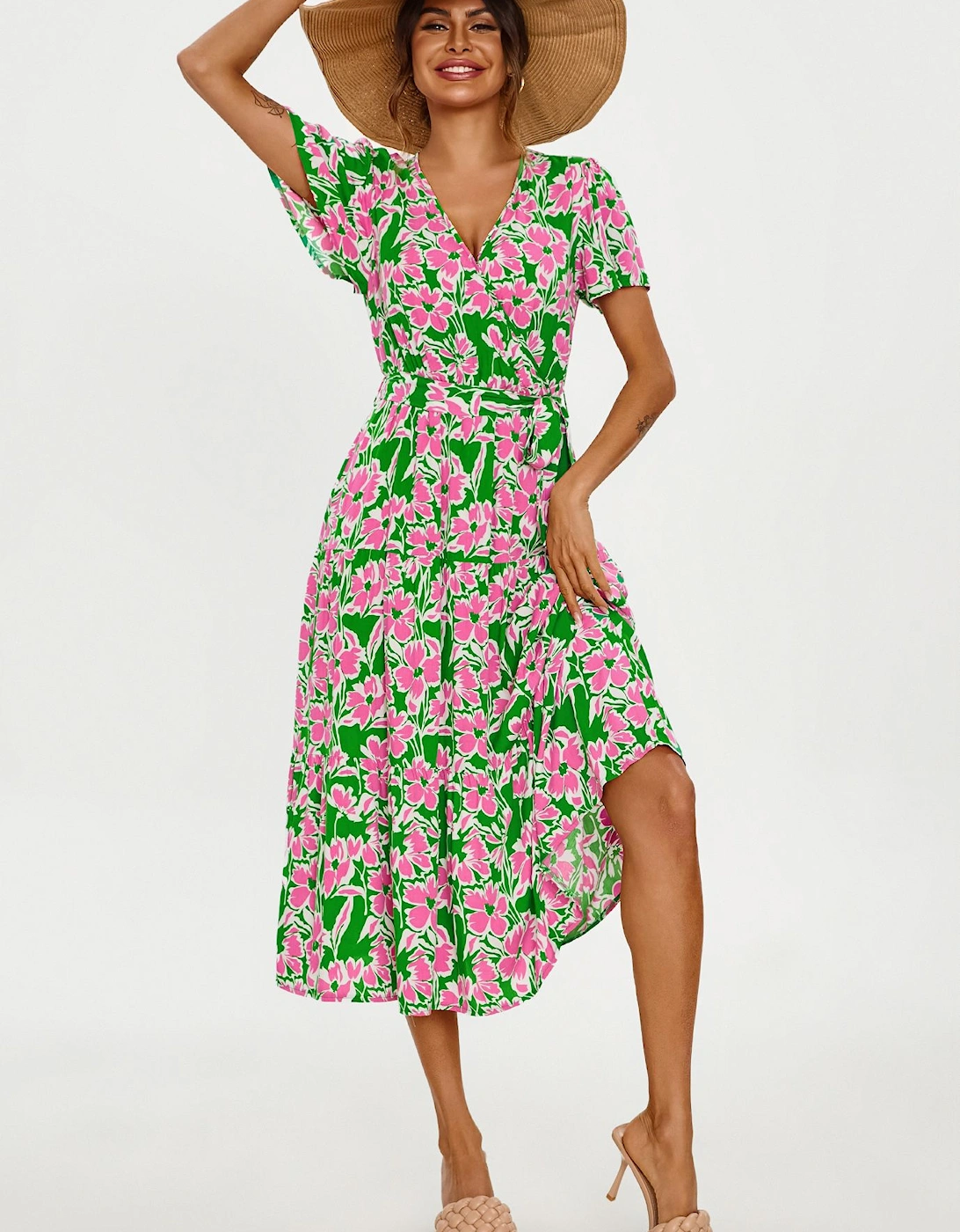 Pink Floral Print Hem Tiered Wrap Midi Dress In Green, 2 of 1