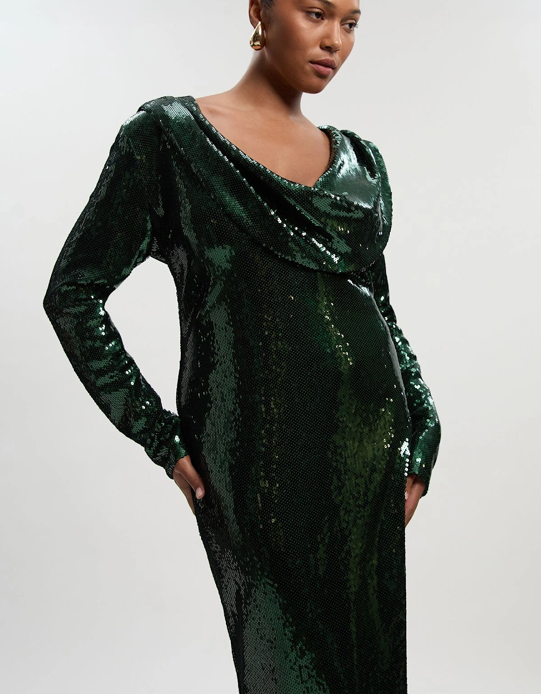 Plus Size Sequin Plunge Cowl Neck Strong Shoulder Long Sleeve Midi Dress, 2 of 1