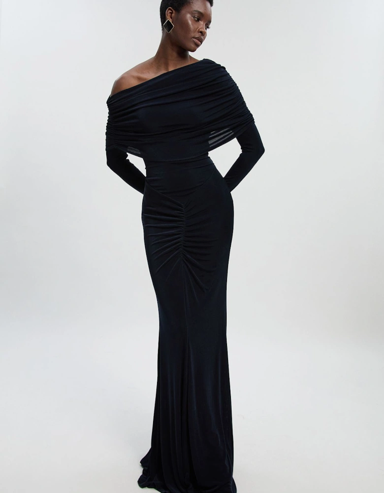 Drapey Crepe Off The Shoulder Ruched Detail Fishtail Maxi Dress
