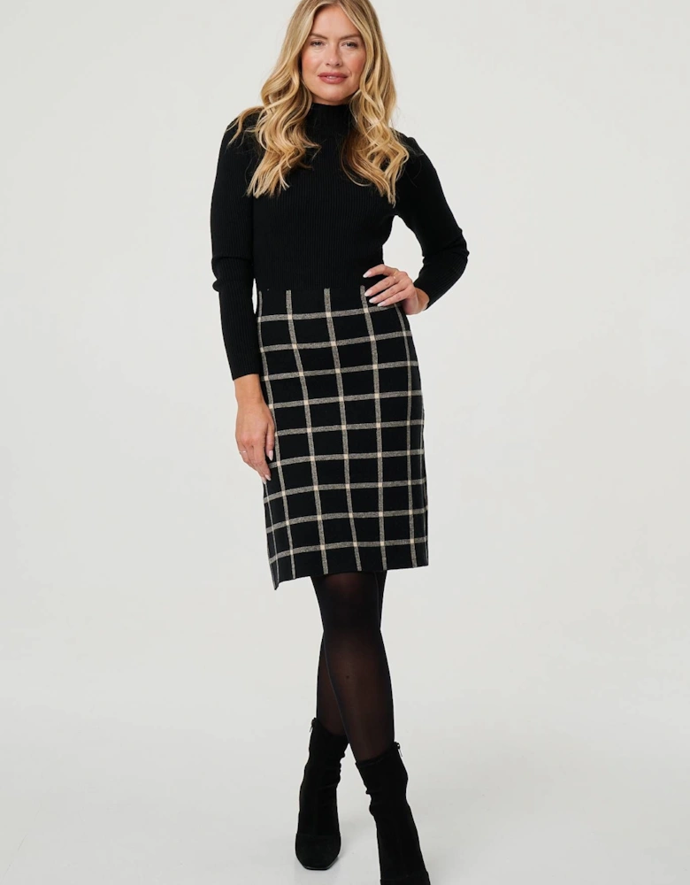 Checked High Neck Knit Skater Midi Dress