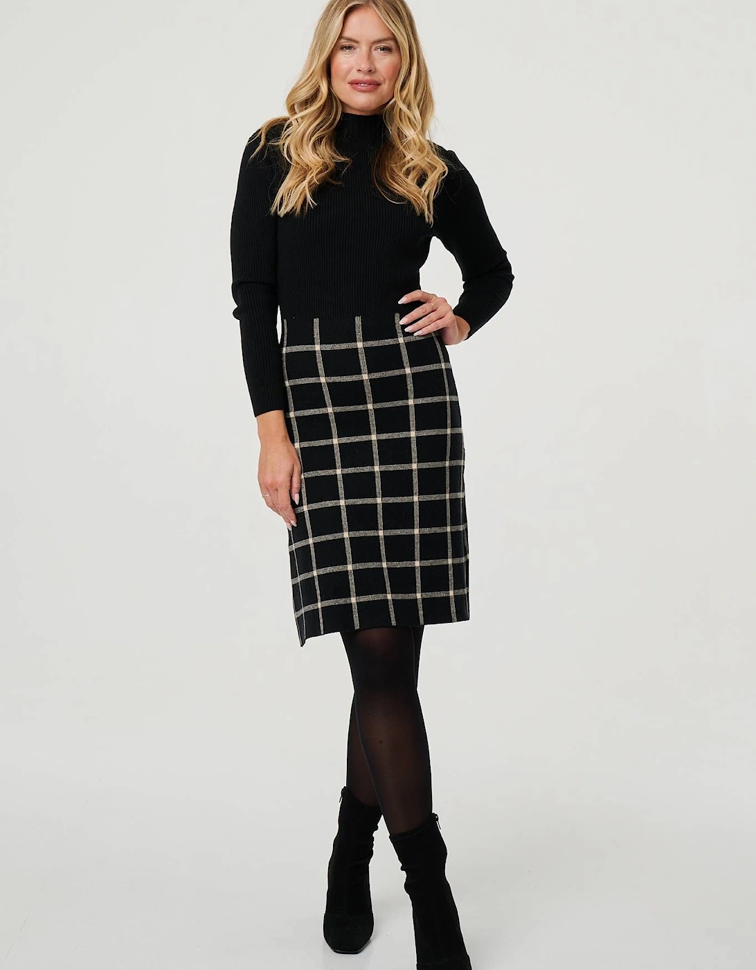Checked High Neck Knit Skater Midi Dress, 2 of 1