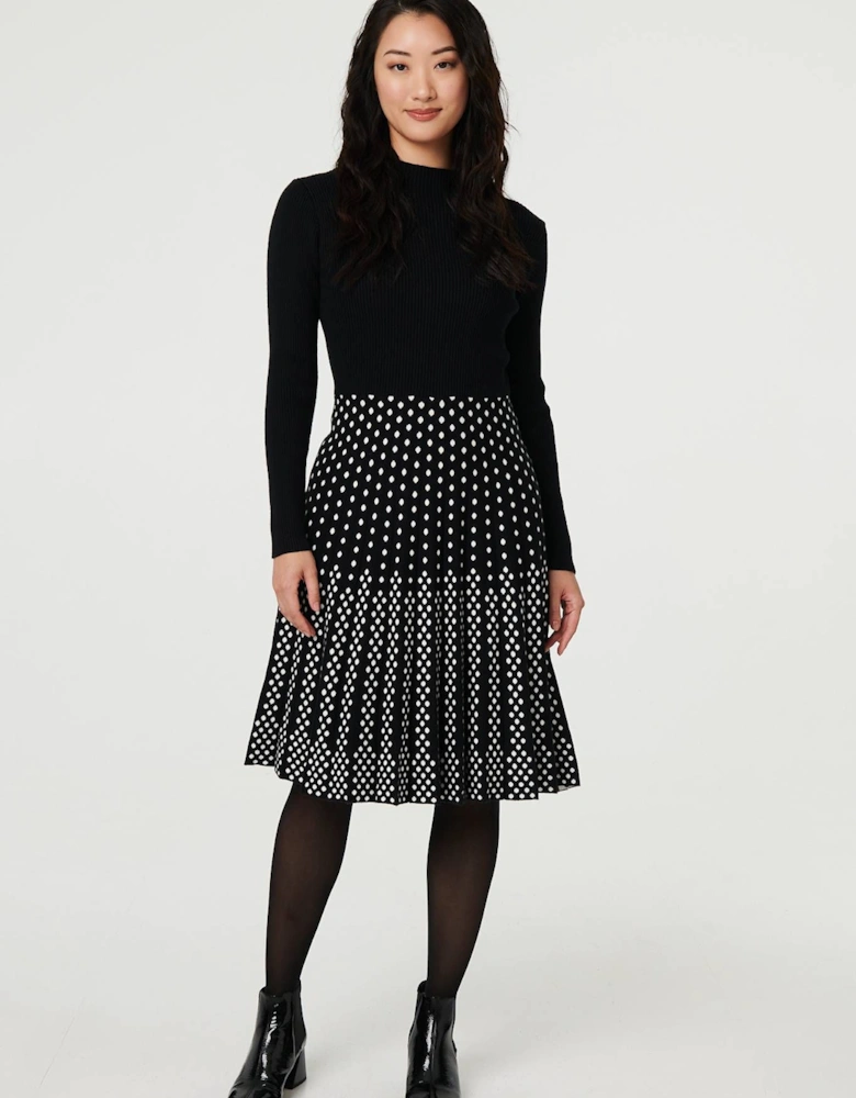 Polka Dot Pleated Knit Skater Midi Dress