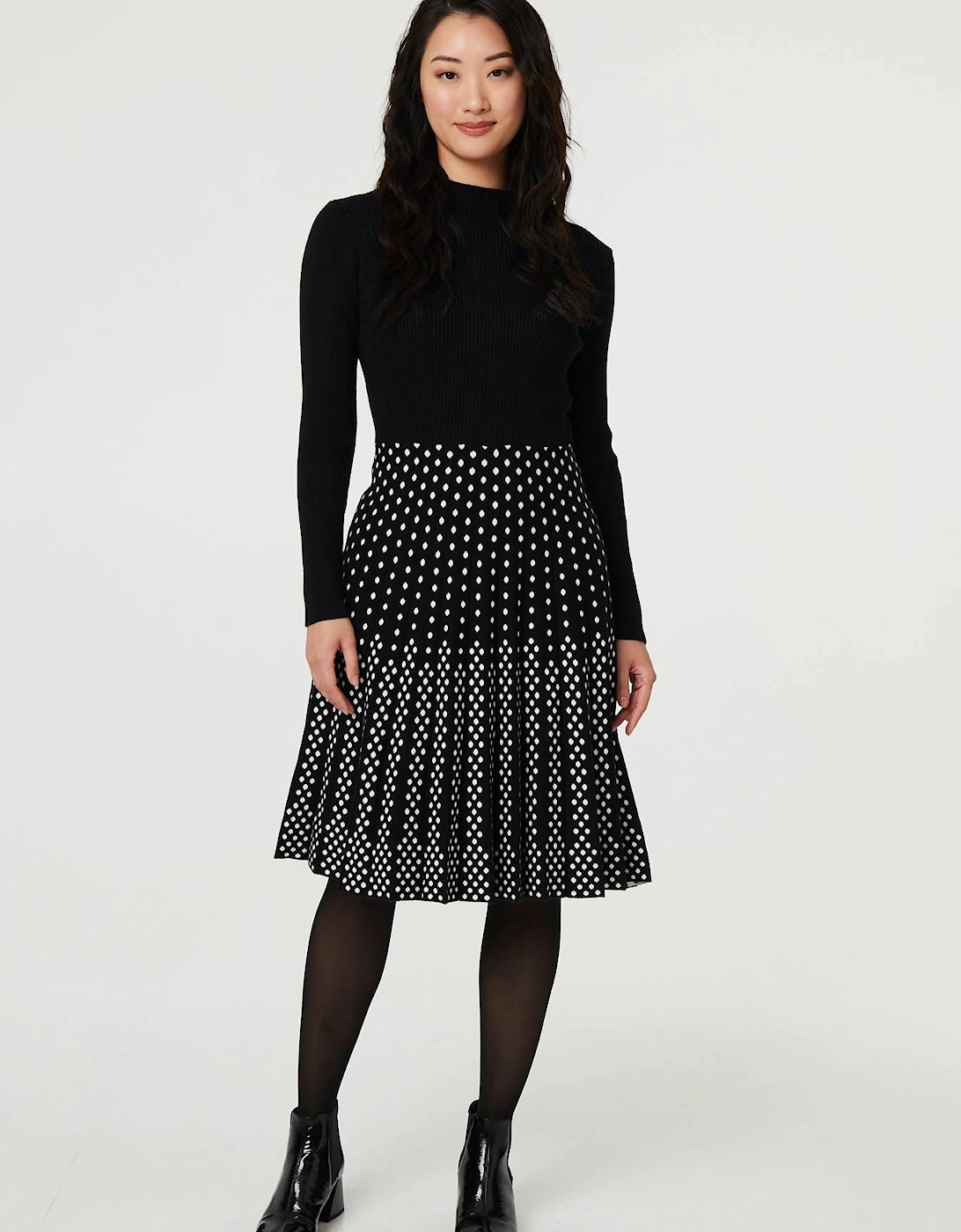 Polka Dot Pleated Knit Skater Midi Dress, 2 of 1