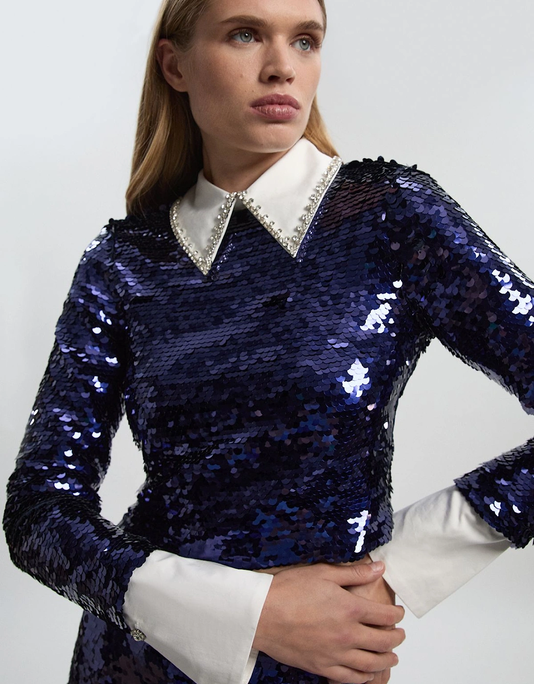 Sequin Woven Long Sleeve Woven Cropped Top, 2 of 1