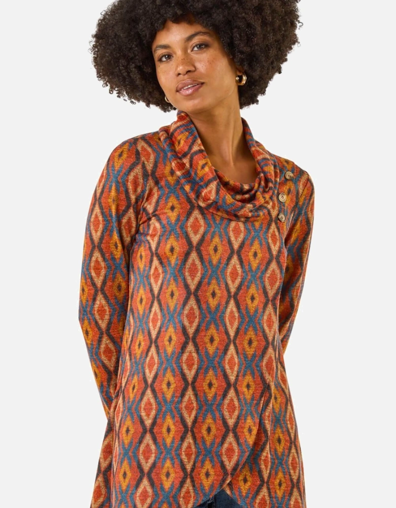 Abstract Print Cowl Neck Top