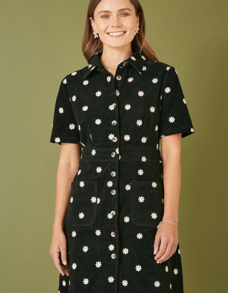 Black Daisy Embroidered Cord Shirt Dress