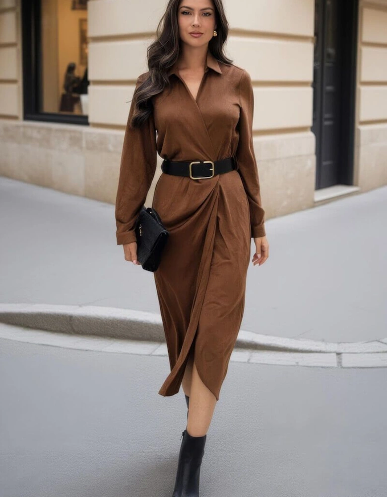 Tan Faux Suede Belted Wrap Shirt Midi Dress
