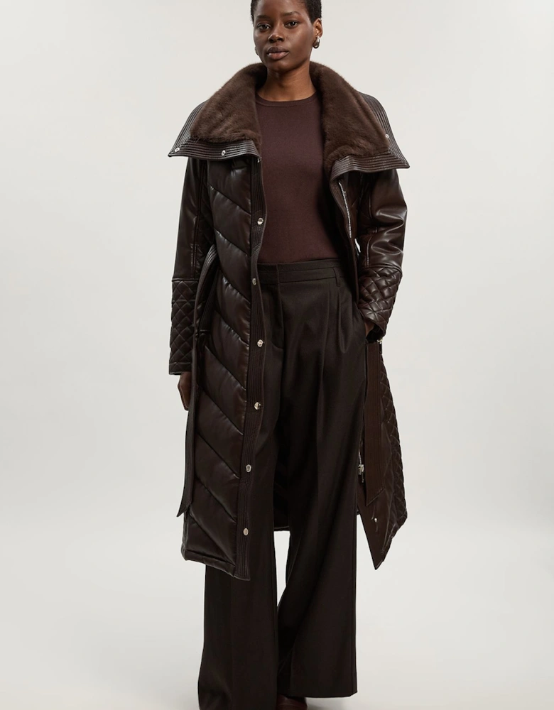 Padded Faux Leather & Faux Fur Mix Midi Coat