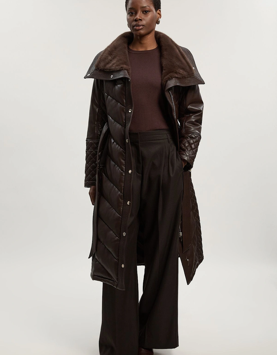 Padded Faux Leather & Faux Fur Mix Midi Coat, 2 of 1