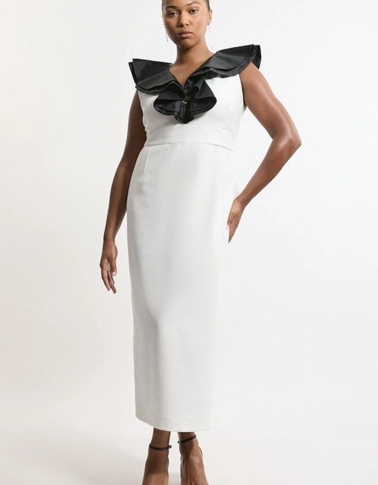 Plus Size Compact Stretch Taffeta Ruffle Tailored Midi Dress