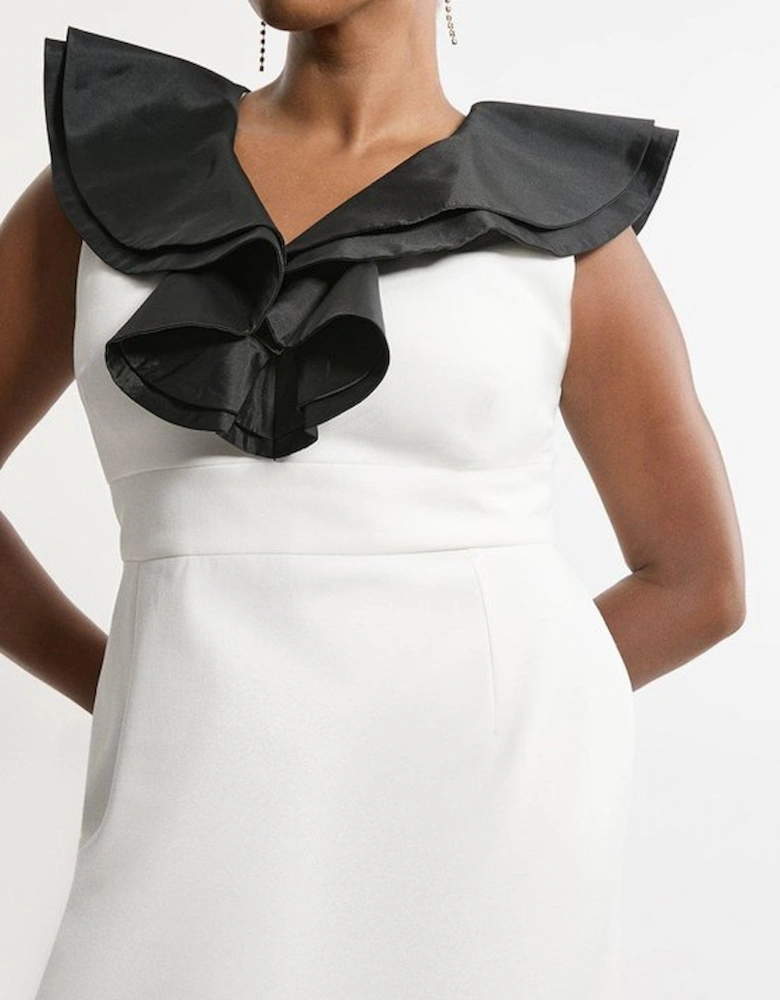 Plus Size Compact Stretch Taffeta Ruffle Tailored Midi Dress