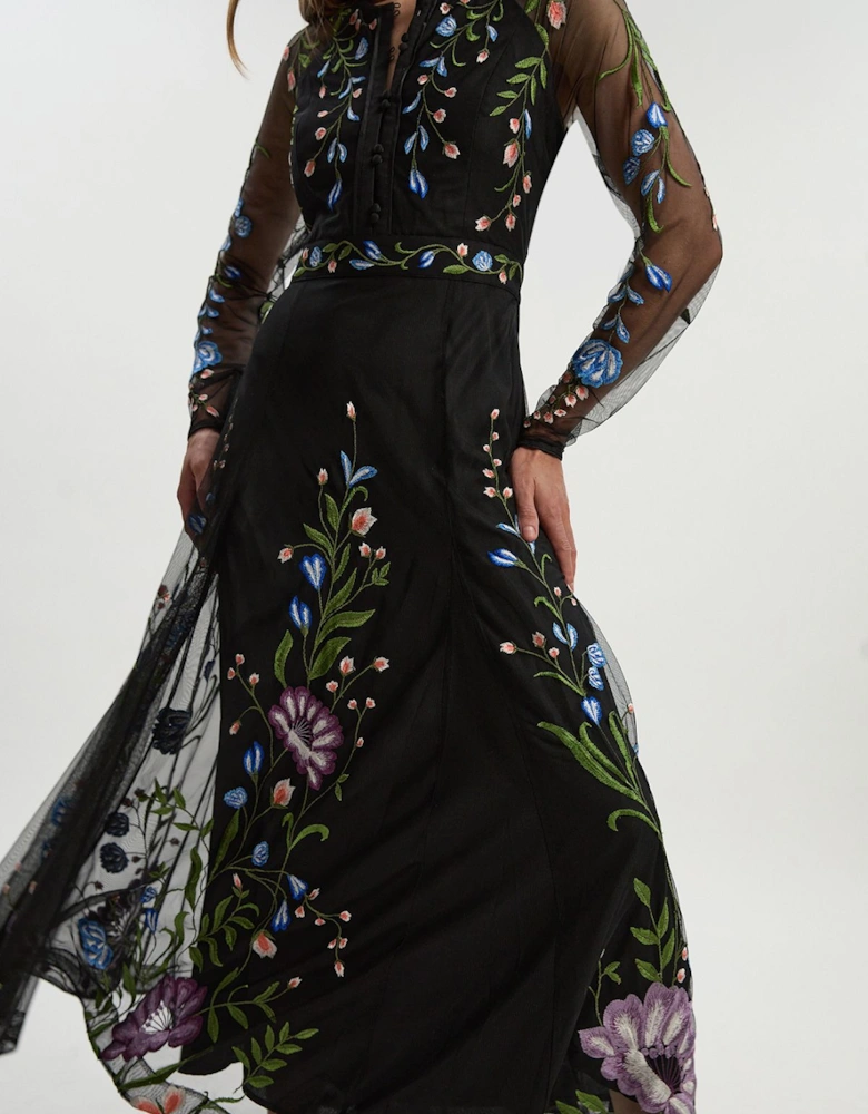 Placed Floral Embroidered Mesh Woven Belted Maxi Dress