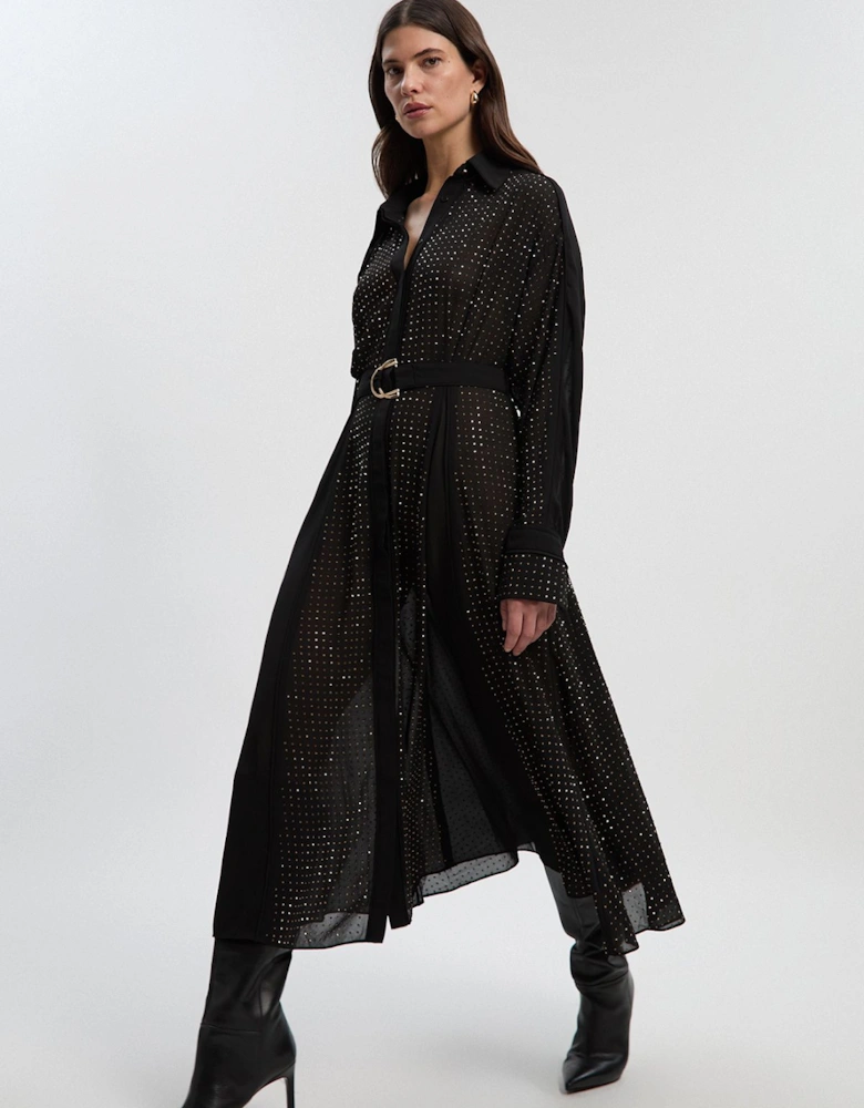 Hotfix Studded Long Sleeve Shirt Woven Maxi Dress