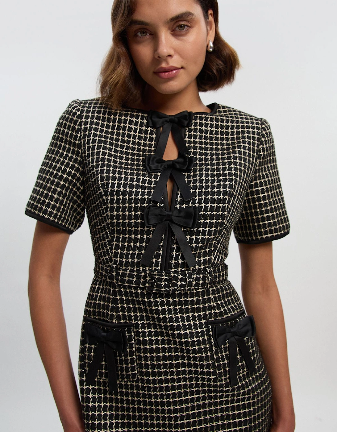 Tailored Tweed Bow Detail Mini Dress, 2 of 1