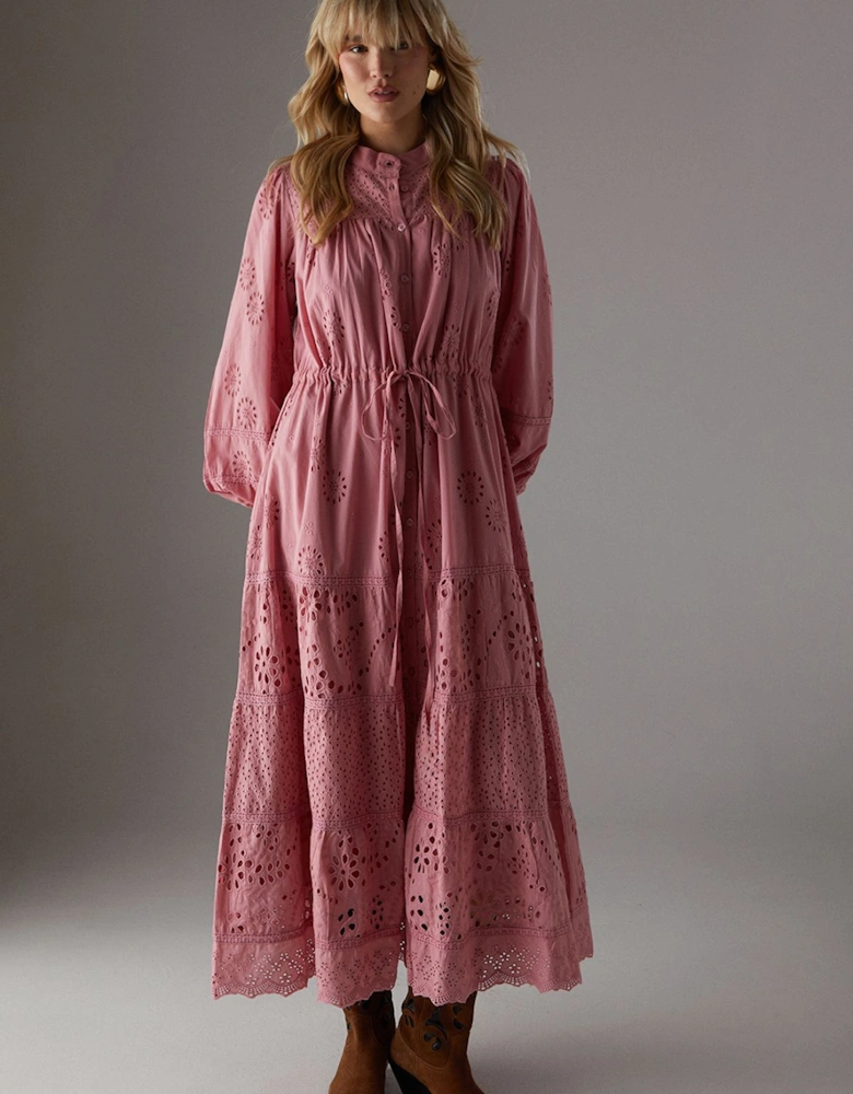 Broderie Drawstring Waist Midi Dress