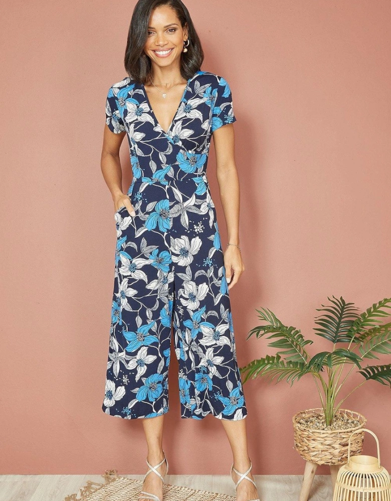 Blue Floral Print Wrap Over Stretch Jumpsuit
