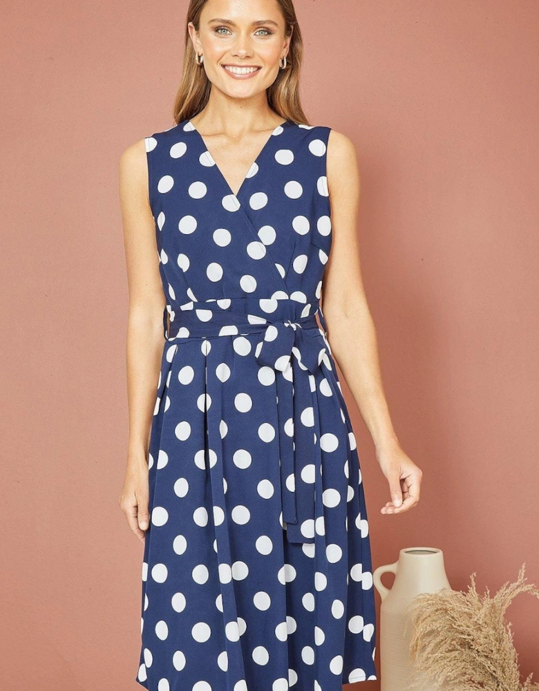 Navy Spot Print Wrap Over Skater Dress