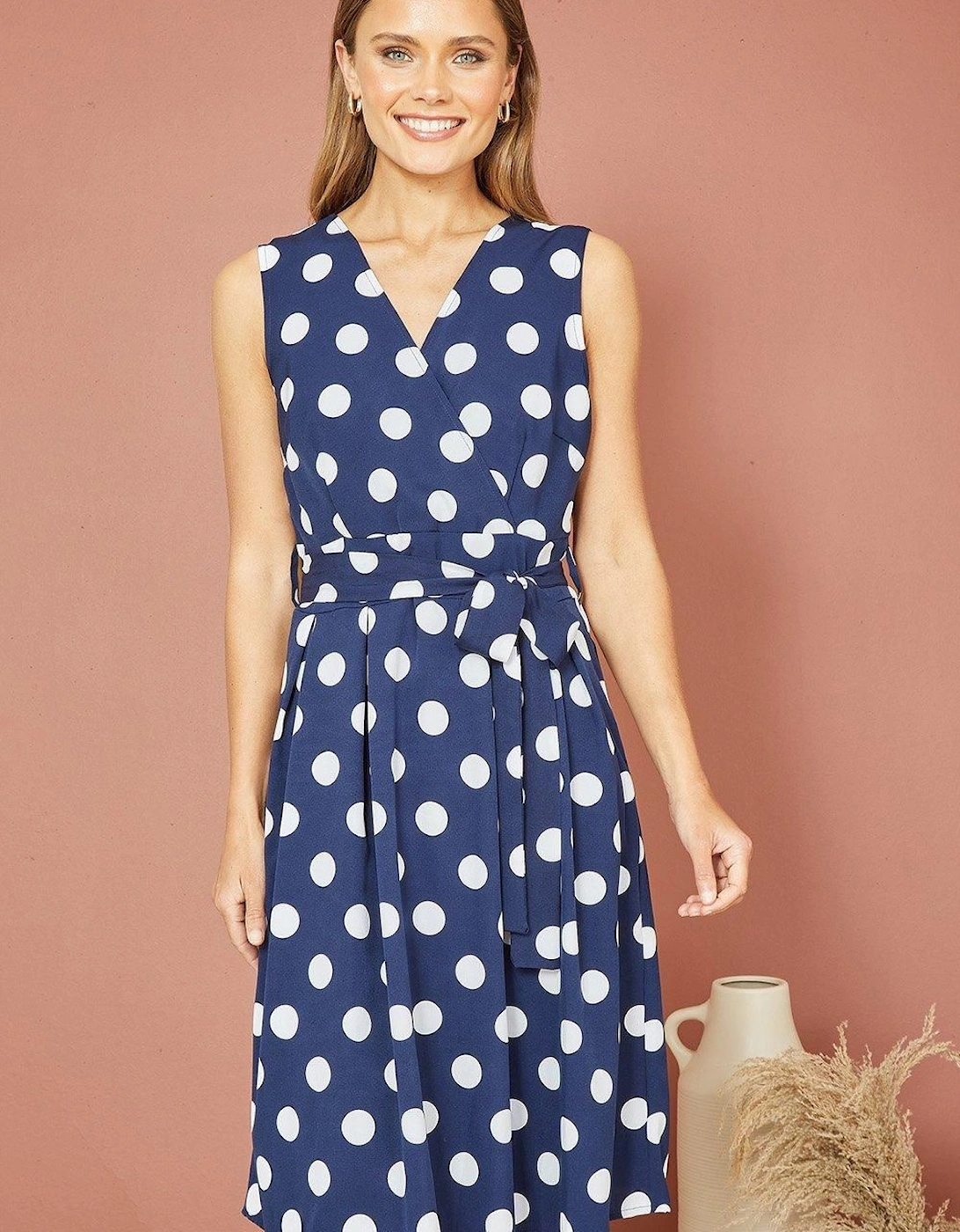 Navy Spot Print Wrap Over Skater Dress, 2 of 1