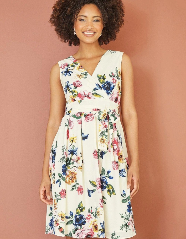 Ivory Floral Wrap Over Midi Skater Dress