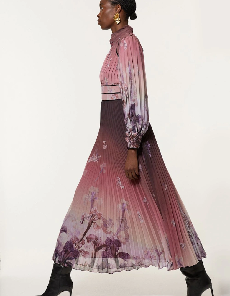 Tall Crinkle Pleat Border Floral Button Front Woven Maxi Dress