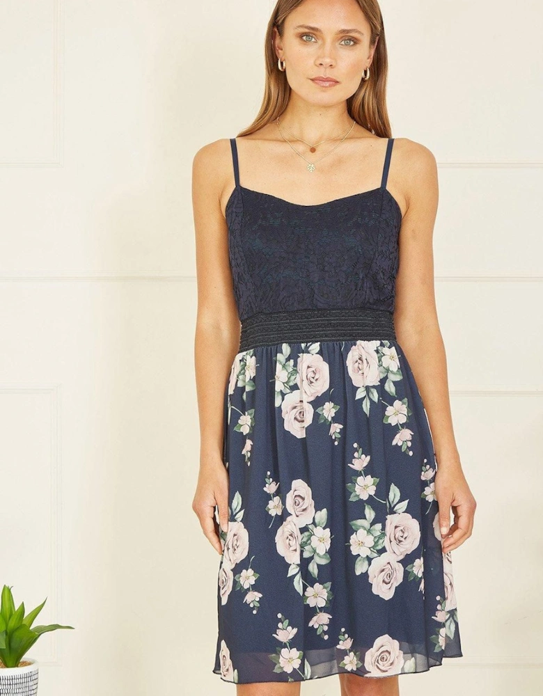 Navy Lace Bodice Strappy Dress With Rose Print Skirt