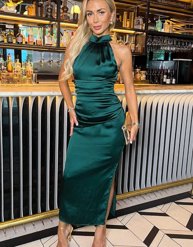 Teal Halter Neck Draped Waist Midi Dress