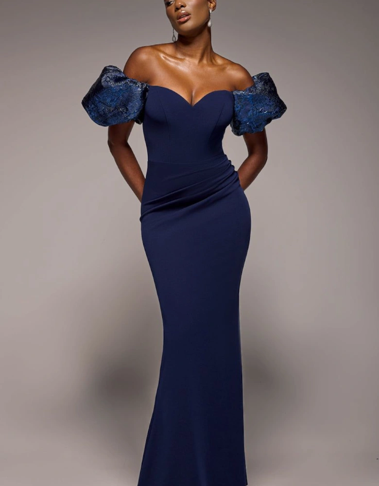 Jacquard Puff Sleeve Sweetheart Scuba Maxi Dress