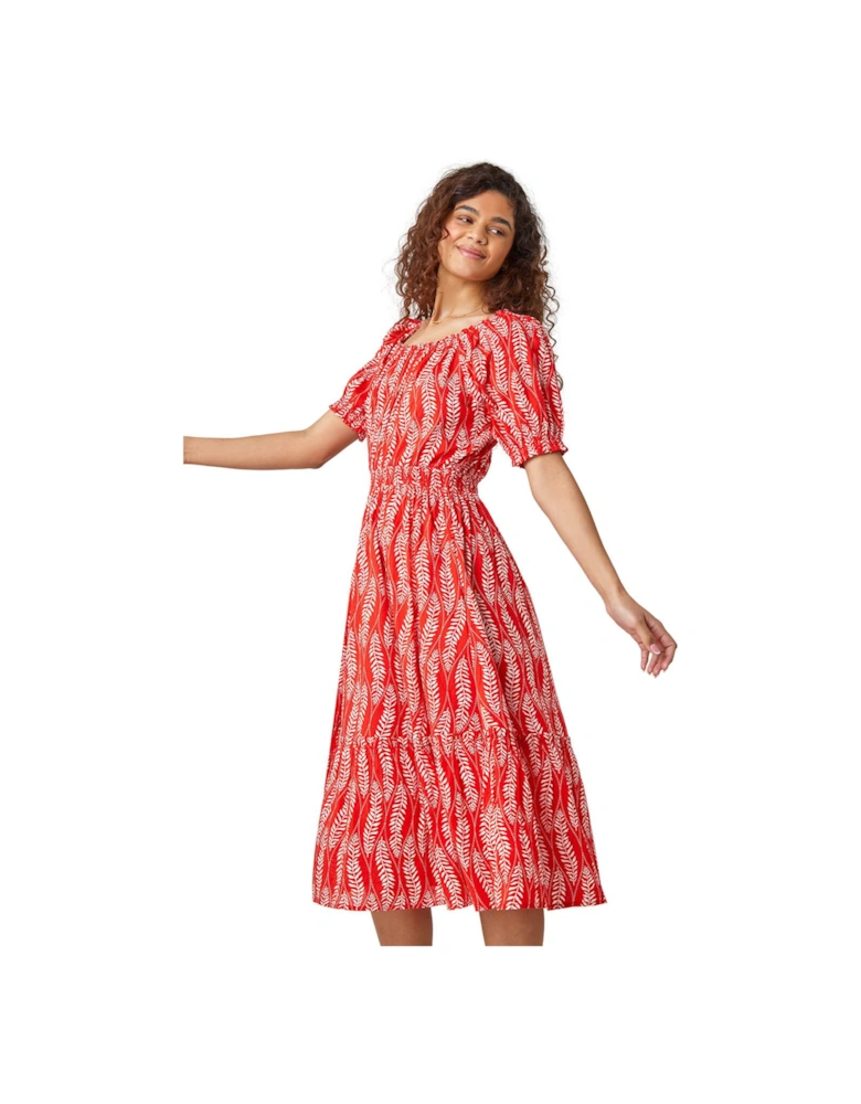 Leaf Print Stretch Neck Midi Dress