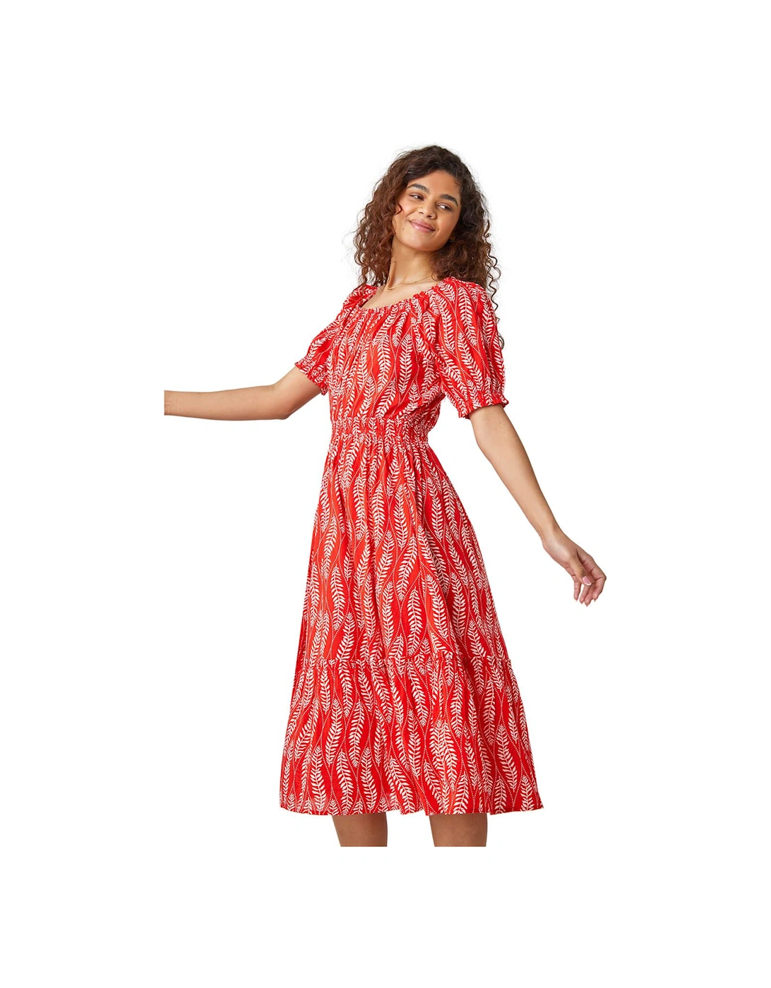 Leaf Print Stretch Neck Midi Dress, 2 of 1