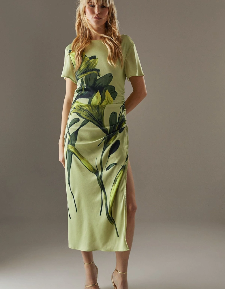 Placement Print Crinkle Satin Ruched Midi Dress