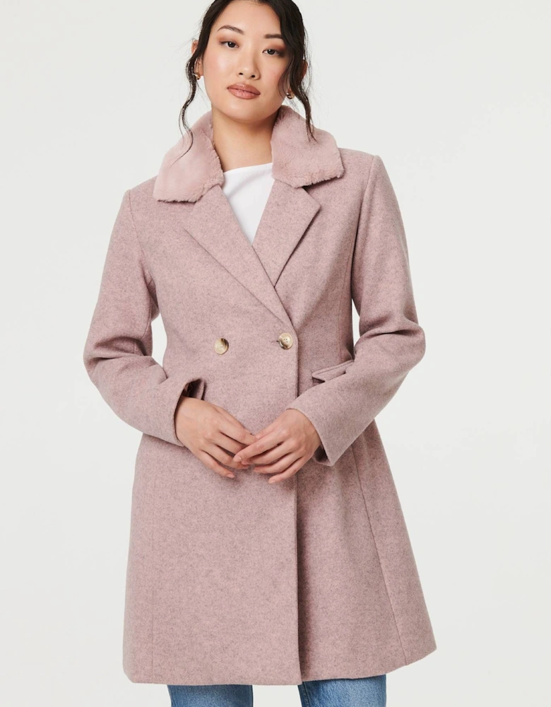 Fur Trim Double Breasted Longline Coat
