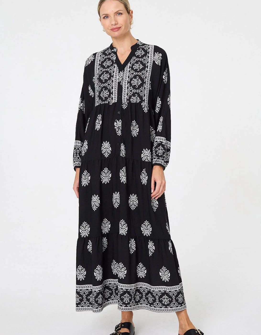 Border Print Tier Long Sleeve Maxi Dress, 2 of 1