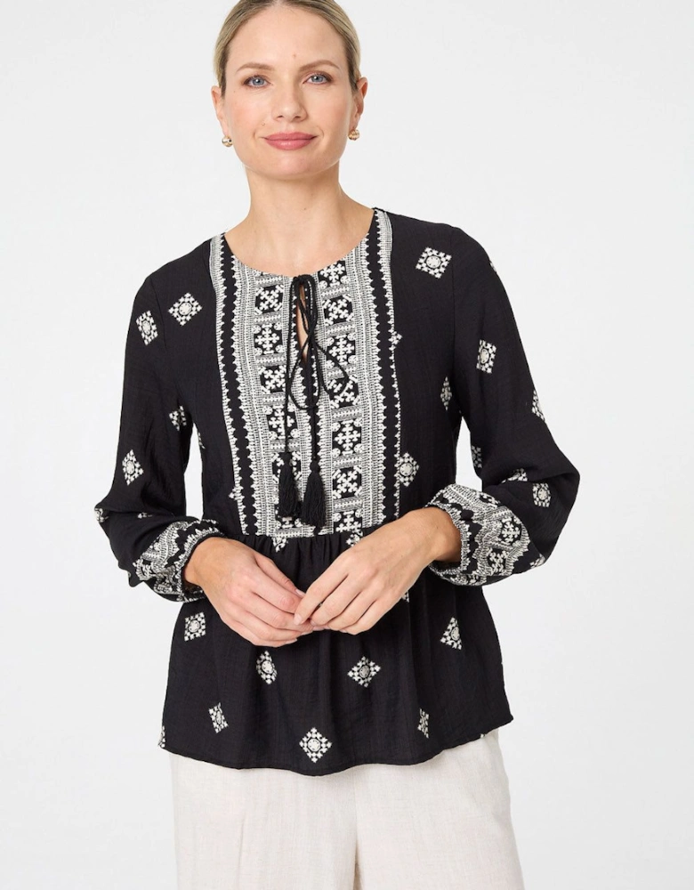 Border Print Long Sleeve Tassel Blouse