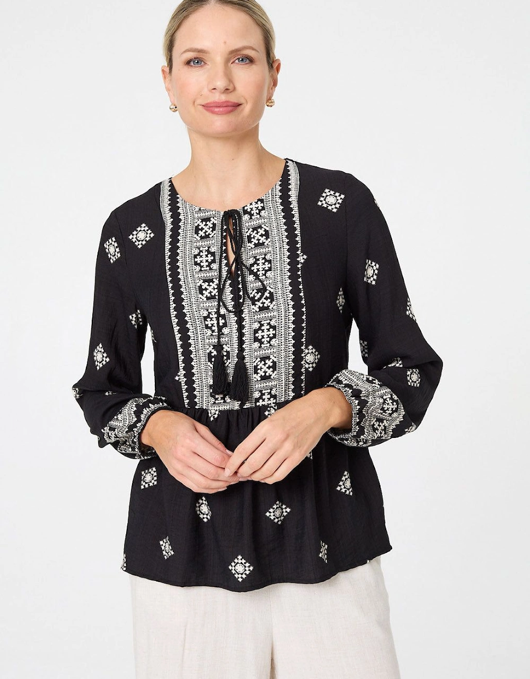 Border Print Long Sleeve Tassel Blouse, 2 of 1