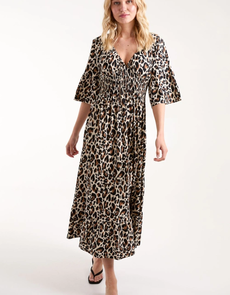 Leopard Print Elasticated Neck Shirred Waist Midi Dress