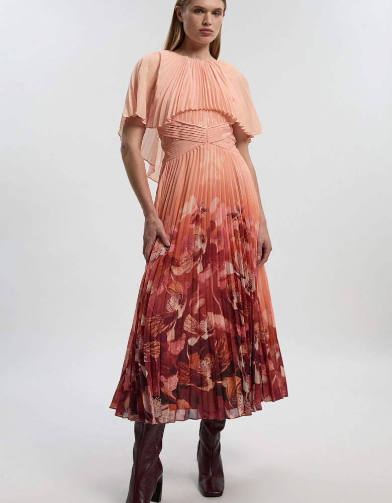 Pleated Floral Cape Sleeve Low Back Maxi Dress