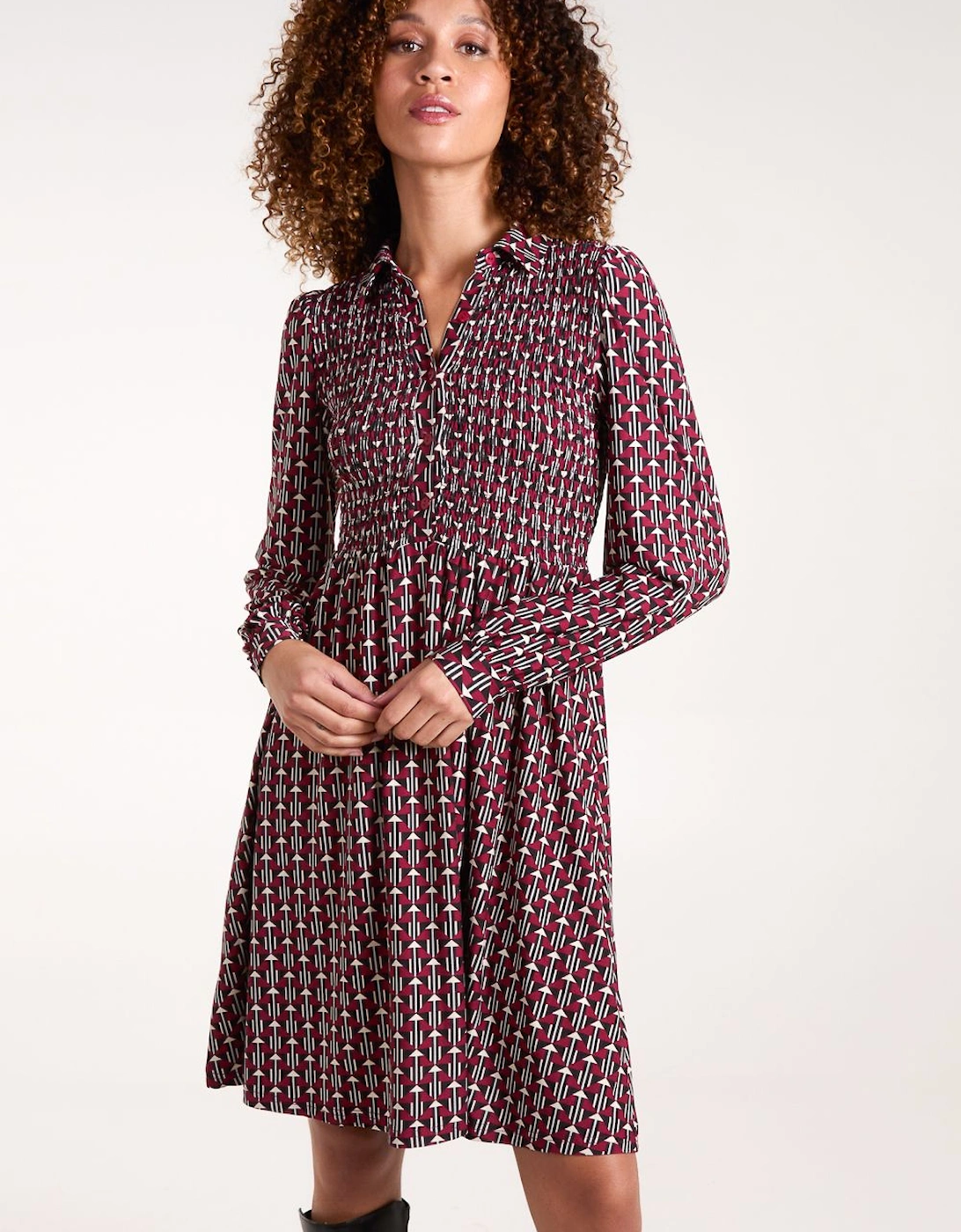 Shirred Bust Long Sleeve Mini Shirt Dress, 2 of 1