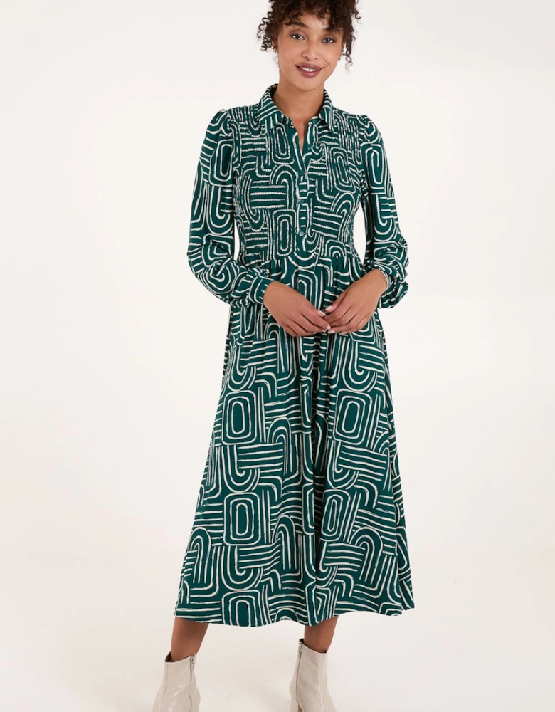 Shirred Bust Long Sleeve Midi Dress