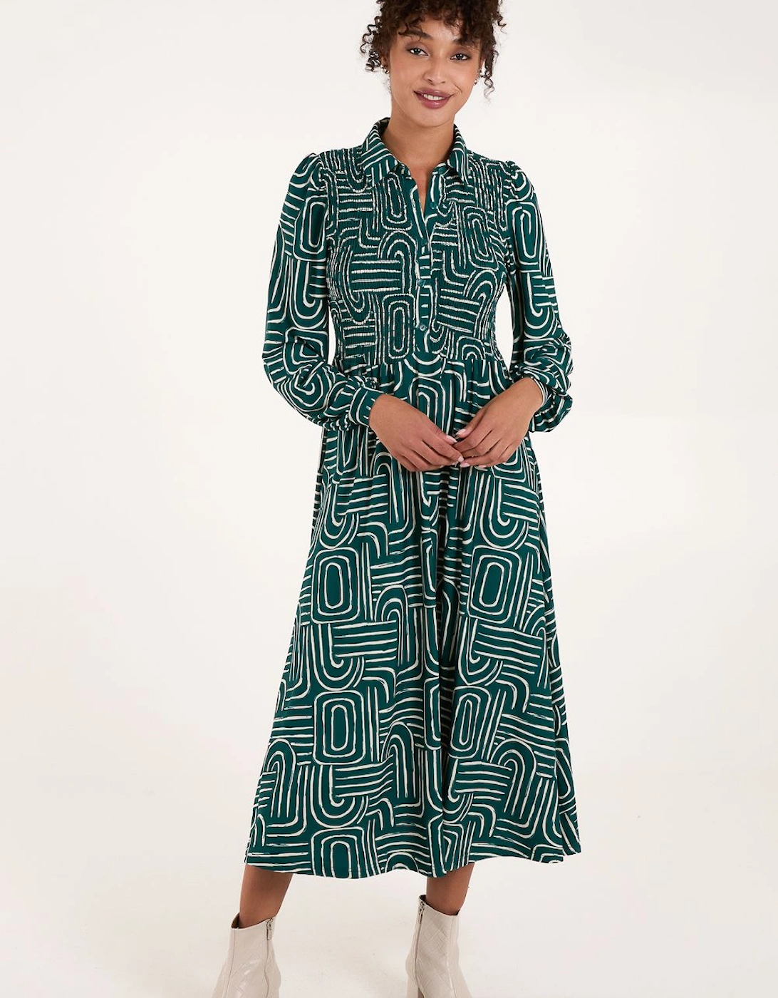 Shirred Bust Long Sleeve Midi Dress, 2 of 1