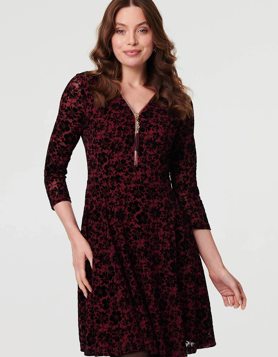 Floral Zip V-Neck Short Skater Dress, 2 of 1