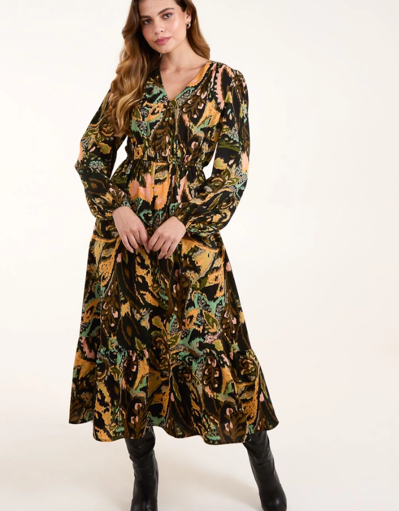 Button Front Frill Hem Abstract Dress